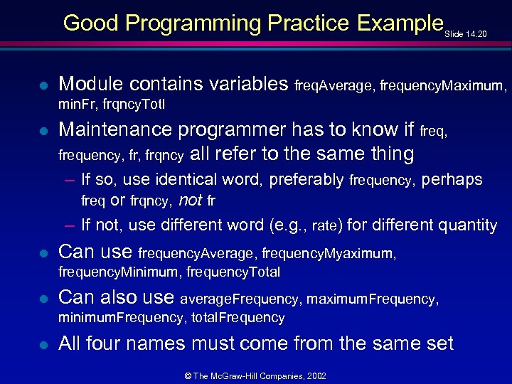 Good Programming Practice Example Slide 14. 20 l Module contains variables freq. Average, frequency.
