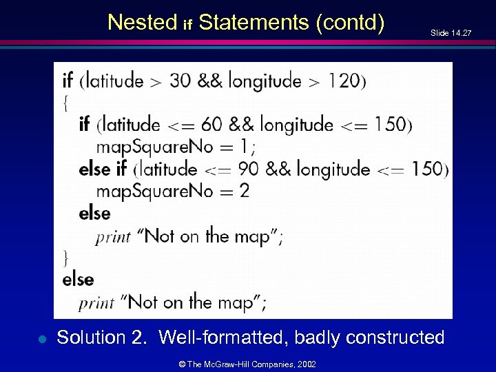 Nested if Statements (contd) l Slide 14. 27 Solution 2. Well-formatted, badly constructed ©