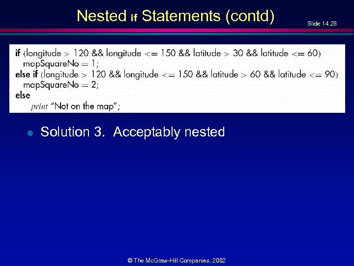 Nested if Statements (contd) l Solution 3. Acceptably nested © The Mc. Graw-Hill Companies,
