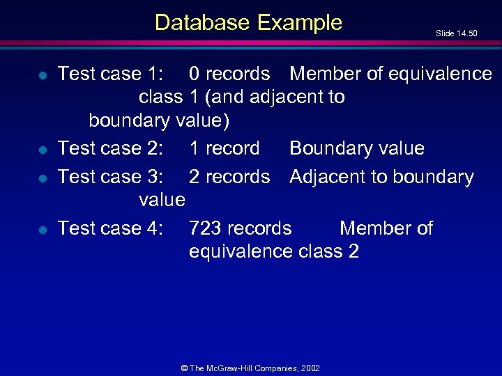 Database Example l l Slide 14. 50 Test case 1: 0 records Member of