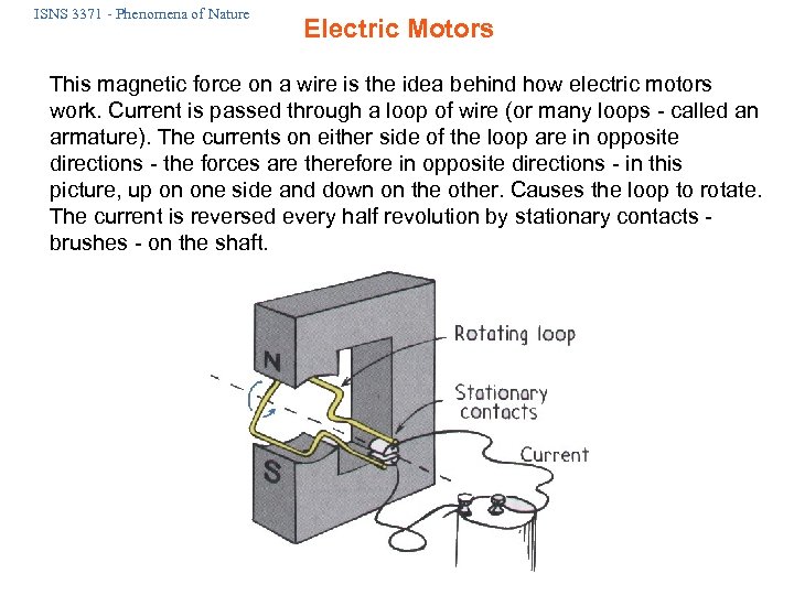 ISNS 3371 - Phenomena of Nature Electric Motors This magnetic force on a wire