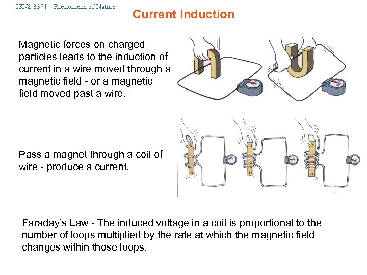 ISNS 3371 - Phenomena of Nature Current Induction Magnetic forces on charged particles leads