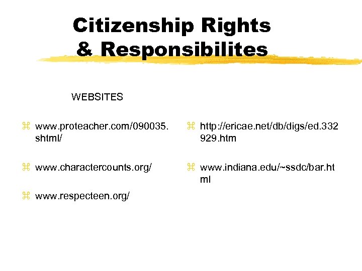 Citizenship Rights & Responsibilites WEBSITES z www. proteacher. com/090035. shtml/ z http: //ericae. net/db/digs/ed.