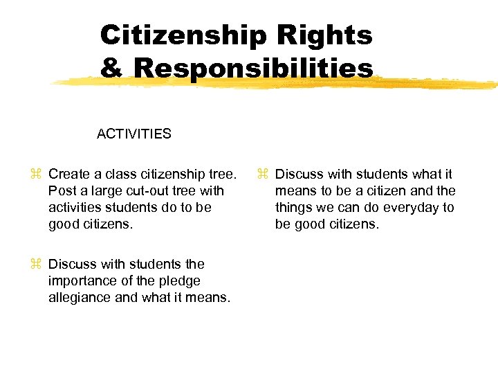Citizenship Rights & Responsibilities ACTIVITIES z Create a class citizenship tree. Post a large
