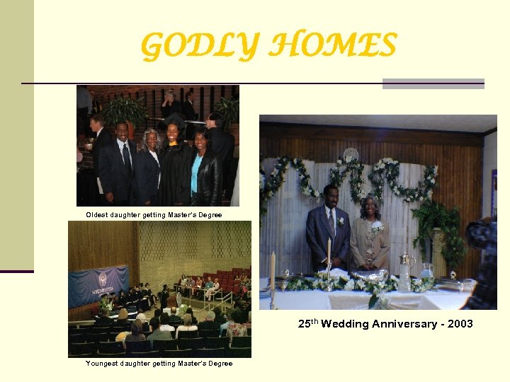 GODLY HOMES Oldest daughter getting Master’s Degree 25 th Wedding Anniversary - 2003 Youngest