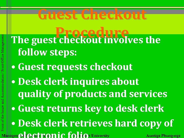 Front of the house and Accommodation / Front Office Management Guest Checkout Procedure the