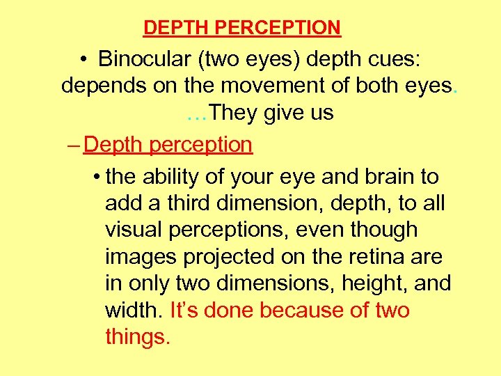 DEPTH PERCEPTION • Binocular (two eyes) depth cues: depends on the movement of both