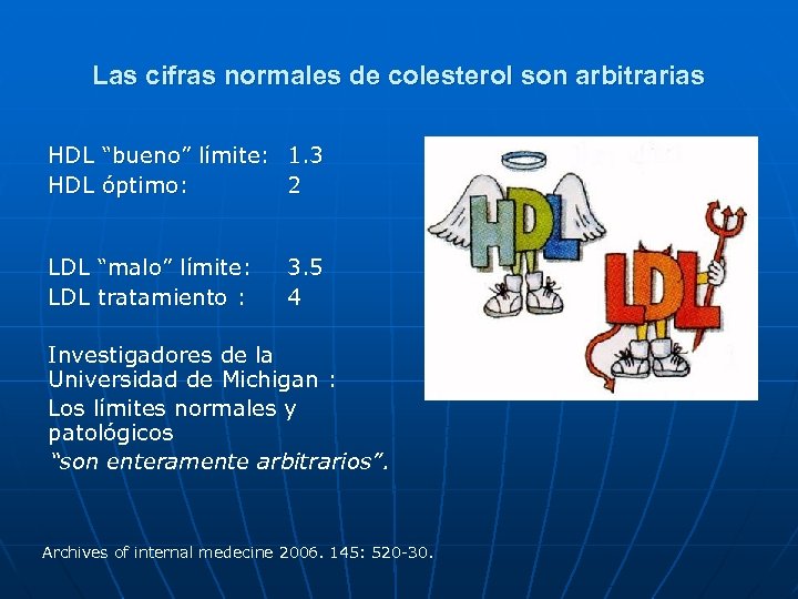 Las cifras normales de colesterol son arbitrarias HDL “bueno” límite: 1. 3 HDL óptimo: