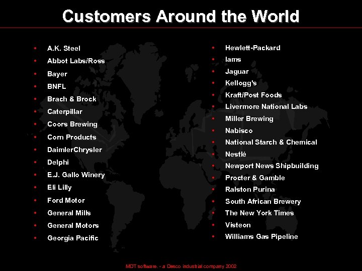 Customers Around the World • A. K. Steel • Hewlett-Packard • Abbot Labs/Ross •
