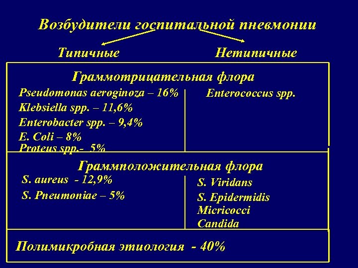 Возбудители госпитальной пневмонии Типичные Нетипичные Граммотрицательная флора Pseudomonas aeroginoza – 16% Klebsiella spp. –