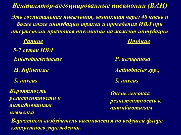 Вентилятор-ассоциированные пневмонии (ВАП) Это госпитальная пневмония, возникшая через 48 часов и более после интубации