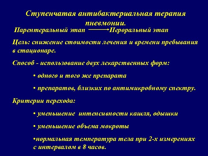 Ступенчатая антибактериальная терапия пневмонии. Парентеральный этап Пероральный этап Цель: снижение стоимости лечения и времени