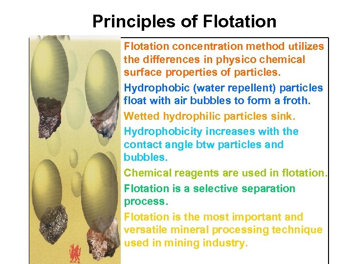 Principles of Flotation concentration method utilizes the differences in physico chemical surface properties of