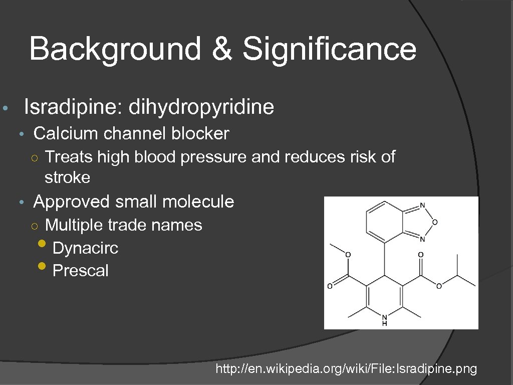 Background & Significance • Isradipine: dihydropyridine • Calcium channel blocker ○ Treats high blood