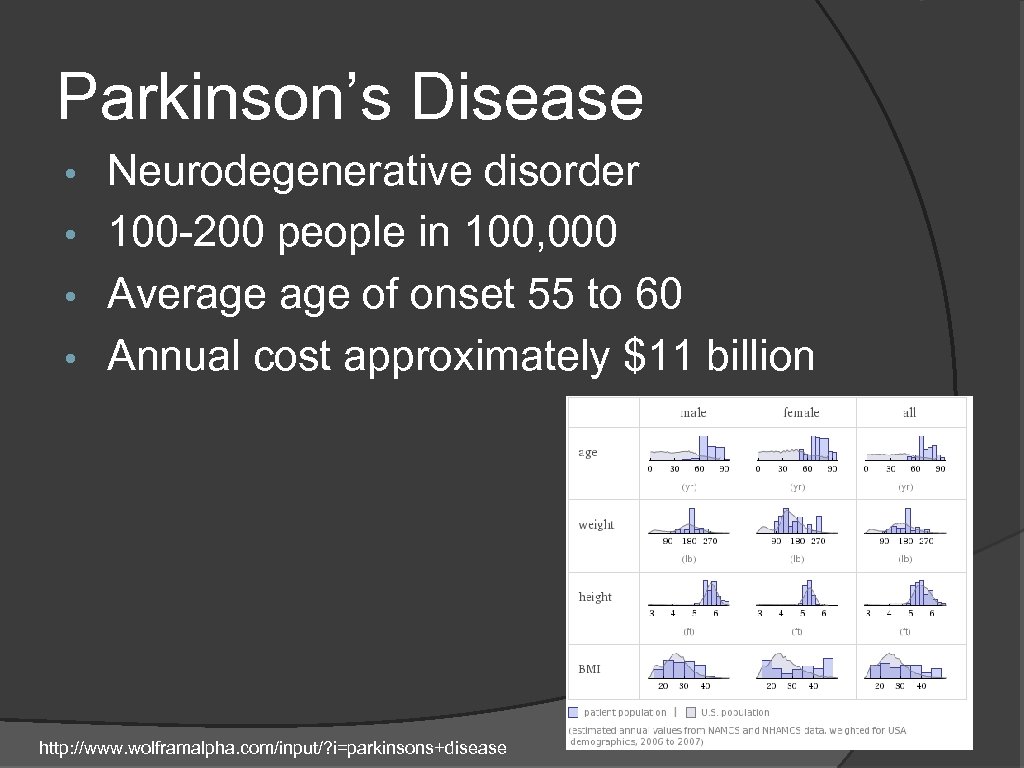 Parkinson’s Disease Neurodegenerative disorder • 100 -200 people in 100, 000 • Average of