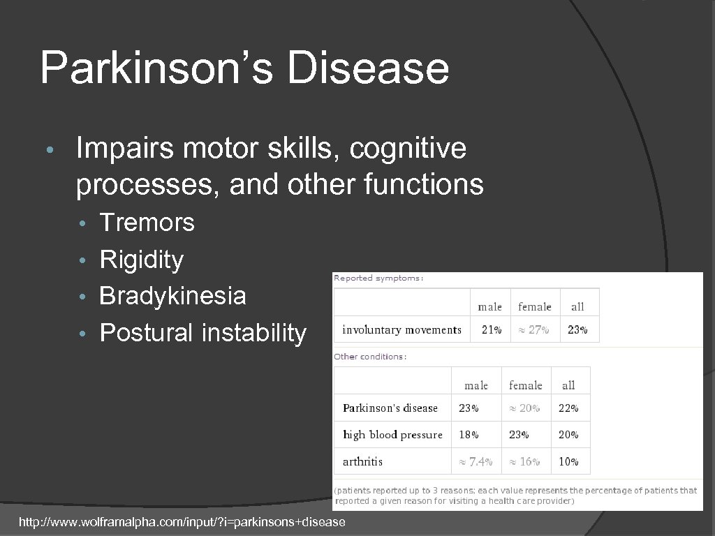 Parkinson’s Disease • Impairs motor skills, cognitive processes, and other functions • Tremors •