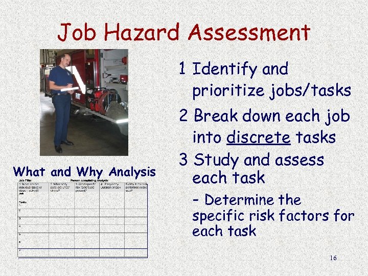 Job Hazard Assessment 1 Identify and prioritize jobs/tasks What and Why Analysis 2 Break