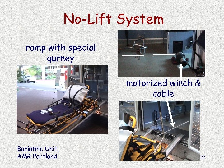 No-Lift System ramp with special gurney motorized winch & cable Bariatric Unit, AMR Portland