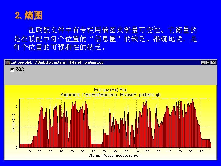2. 熵图 　　在联配文件中有专栏用熵图来衡量可变性。它衡量的 是在联配中每个位置的“信息量”的缺乏。准确地说，是 每个位置的可预测性的缺乏。 
