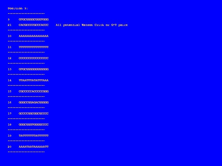 Position 9: ‑‑‑‑‑‑‑‑‑‑‑‑ 9 GUGCGGGUGGG 21 CACGCCCACCC All potential Watson Crick or G‑U pairs