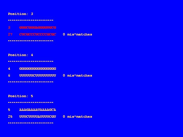 Position: 3 ‑‑‑‑‑‑‑‑‑‑‑‑ 3 GGGCGGGAGGGGUGCG 27 CUCGCCCUCCCCGCGC 0 mis‑matches ‑‑‑‑‑‑‑‑‑‑‑‑ Position: 4 ‑‑‑‑‑‑‑‑‑‑‑‑ 4