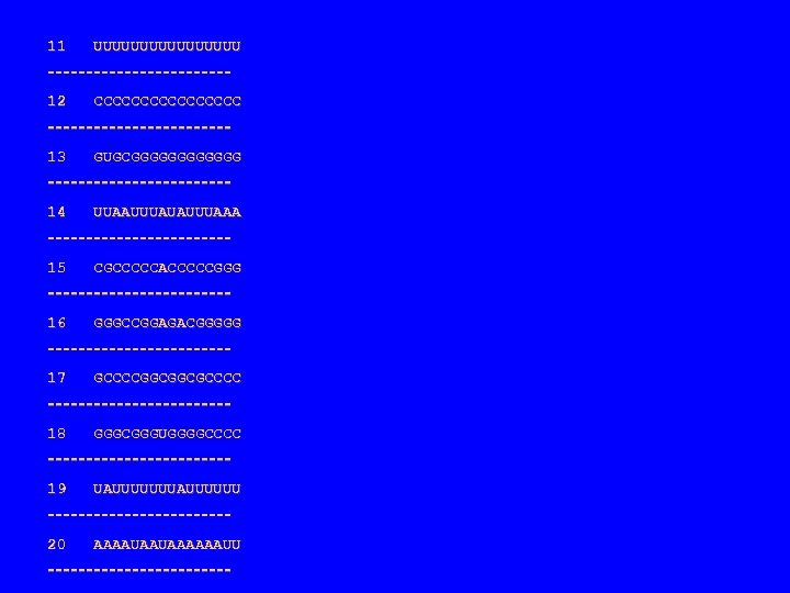11 UUUUUUUU ‑‑‑‑‑‑‑‑‑‑‑‑ 12 CCCCCCCC ‑‑‑‑‑‑‑‑‑‑‑‑ 13 GUGCGGGGGG ‑‑‑‑‑‑‑‑‑‑‑‑ 14 UUAAUUUAUAUUUAAA ‑‑‑‑‑‑‑‑‑‑‑‑ 15 CGCCCCCACCCCCGGG