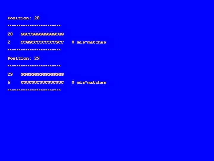 Position: 28 ‑‑‑‑‑‑‑‑‑‑‑‑ 28 GGCCGGGGGCGG 2 CCGGCCCCCGCC 0 mis‑matches ‑‑‑‑‑‑‑‑‑‑‑‑ Position: 29 ‑‑‑‑‑‑‑‑‑‑‑‑ 29
