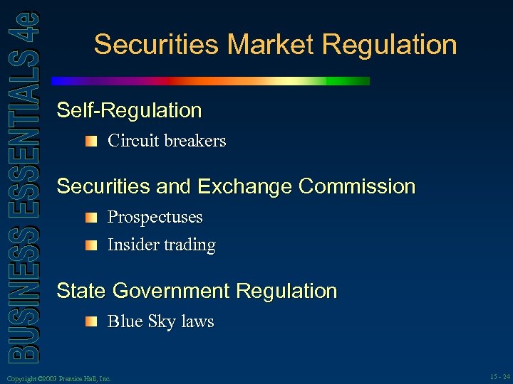 Securities Market Regulation Self-Regulation Circuit breakers Securities and Exchange Commission Prospectuses Insider trading State