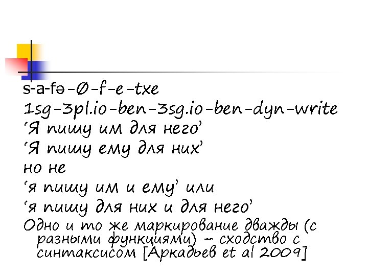 s-a-fǝ-Ø-f-e-txe 1 sg-3 pl. io-ben-3 sg. io-ben-dyn-write ‘Я пишу им для него’ ‘Я пишу