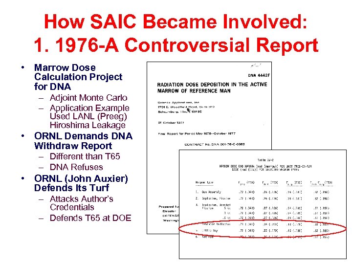 How SAIC Became Involved: 1. 1976 -A Controversial Report • Marrow Dose Calculation Project