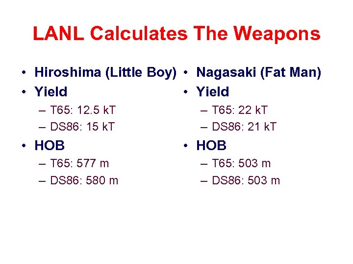 LANL Calculates The Weapons • Hiroshima (Little Boy) • Nagasaki (Fat Man) • Yield