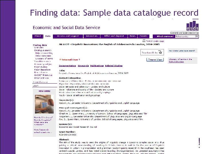 Finding data: Sample data catalogue record 