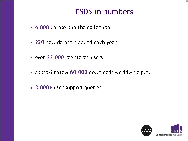 ESDS in numbers • 6, 000 datasets in the collection • 230 new datasets