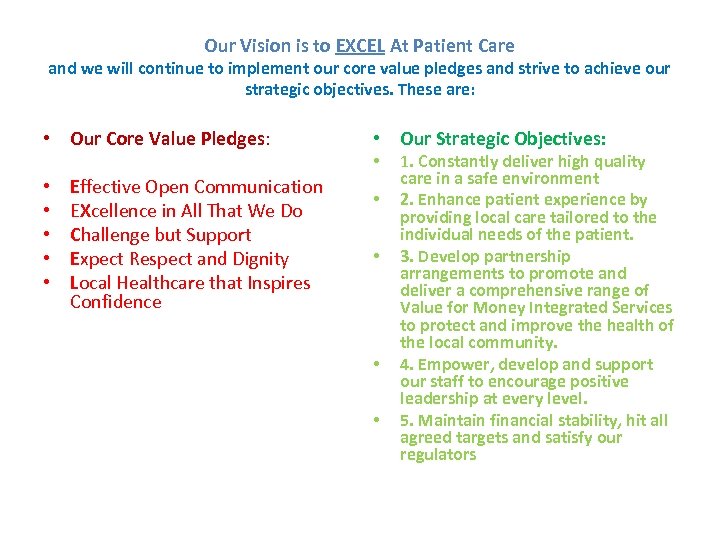 Our Vision is to EXCEL At Patient Care and we will continue to implement