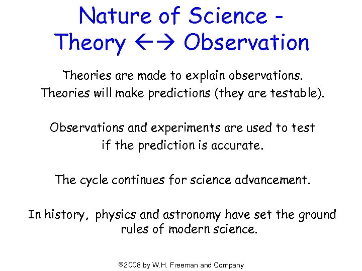 Nature of Science Theory Observation Theories are made to explain observations. Theories will make