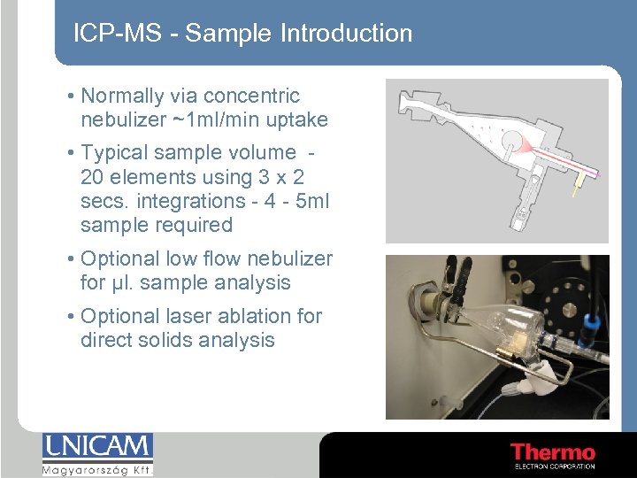 ICP-MS - Sample Introduction • Normally via concentric nebulizer ~1 ml/min uptake • Typical
