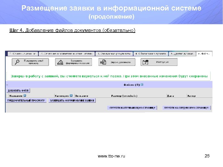 Размещение заявки в информационной системе (продолжение) Шаг 4. Добавление файлов документов (обязательно) www. ttc-nw.