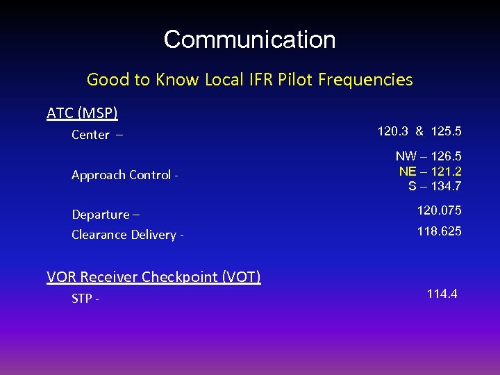 Communication Good to Know Local IFR Pilot Frequencies ATC (MSP) Center – Approach Control