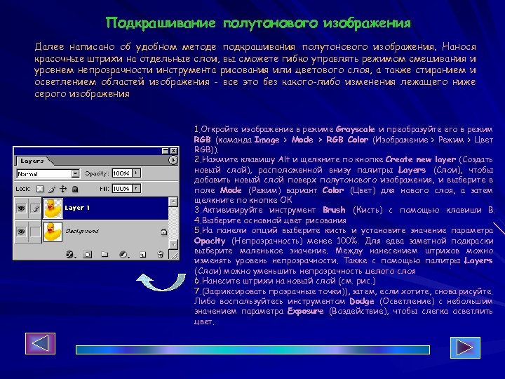Подкрашивание полутонового изображения Далее написано об удобном методе подкрашивания полутонового изображения. Нанося красочные штрихи