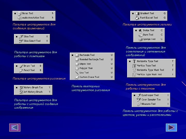 Палитра инструментов для создания примечаний Палитра инструментов заливки Панель инструментов для осветления и затемнения