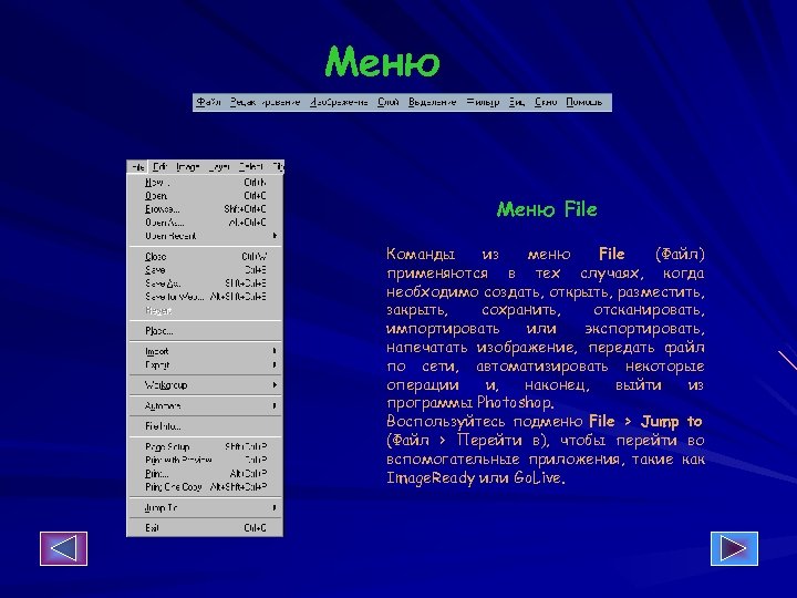 Меню File Команды из меню File (Файл) применяются в тех случаях, когда необходимо создать,