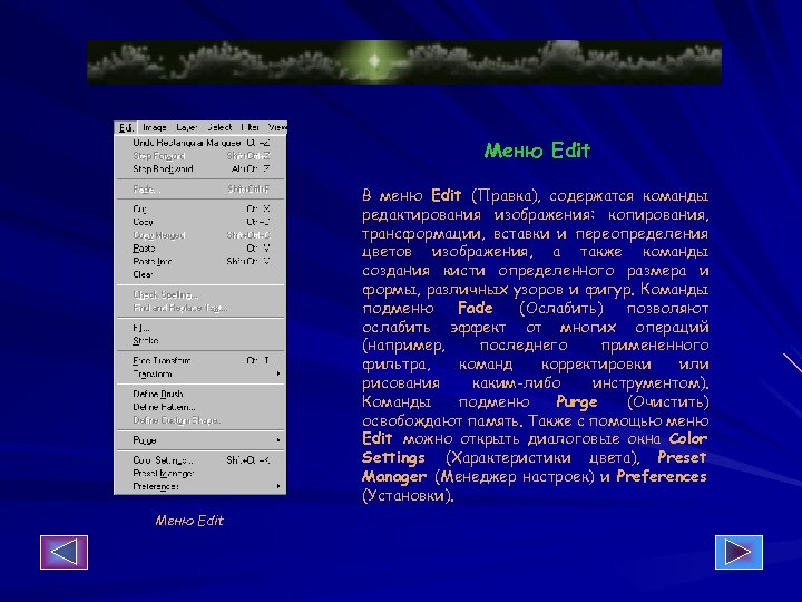 Меню Edit В меню Edit (Правка), содержатся команды редактирования изображения: копирования, трансформации, вставки и