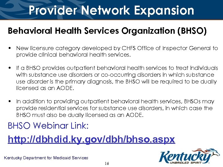 Provider Network Expansion Behavioral Health Services Organization (BHSO) • New licensure category developed by