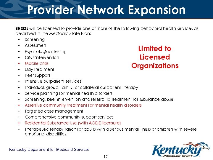 Provider Network Expansion BHSOs will be licensed to provide one or more of the