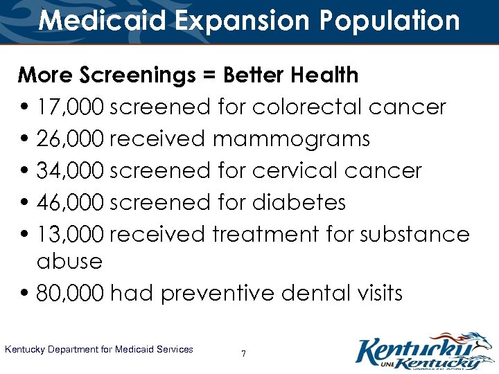 Medicaid Expansion Population More Screenings = Better Health • 17, 000 screened for colorectal