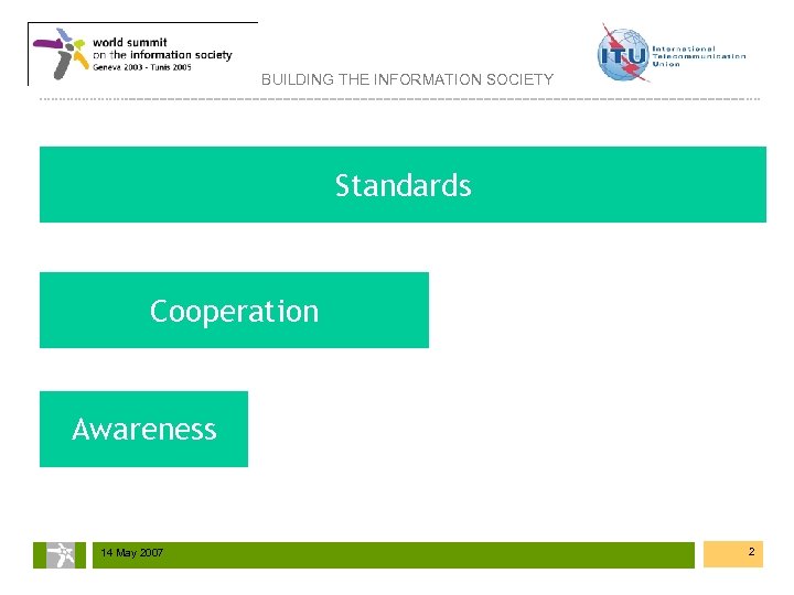 BUILDING THE INFORMATION SOCIETY Standards Cooperation Awareness 14 May 2007 2 