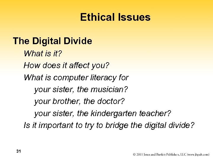 Ethical Issues The Digital Divide What is it? How does it affect you? What