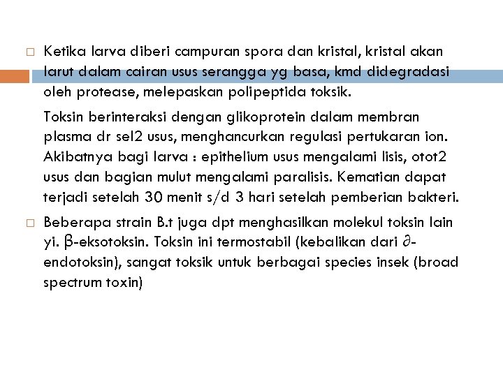  Ketika larva diberi campuran spora dan kristal, kristal akan larut dalam cairan usus