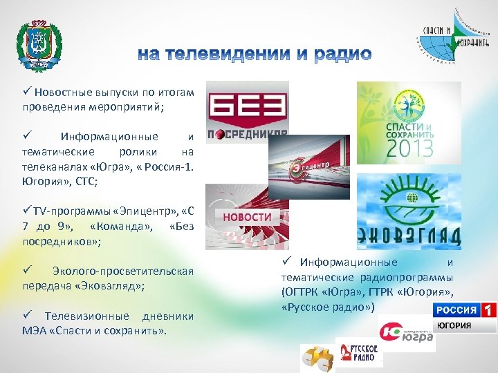 ü Новостные выпуски по итогам проведения мероприятий; ü Информационные и тематические ролики на телеканалах