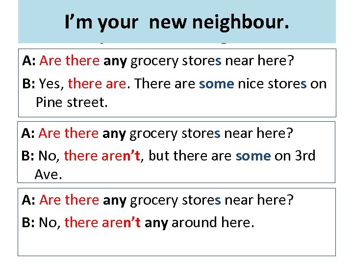 I’m your new neighbour. A: Are there any grocery stores near here? B: Yes,